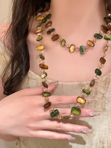 Boho Style Natural Shell Crystal Layered Necklace, Long Dual-Layer Beach Jewelry, Perfect for Vacation Wear, High-End Luxurious Feel