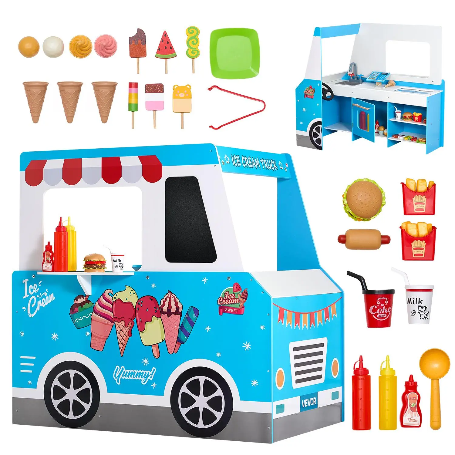 【SummerFinds】VEVOR Ice Cream Cart for Kids,  20+ PCS Ice Cream Truck Wooden Playset, Pretend Play Stand with Steering Wheel & Chalkboard, Payment Scanner & Freezer, Faucet & Sink, Suitable for Kids 3-7 Years Old