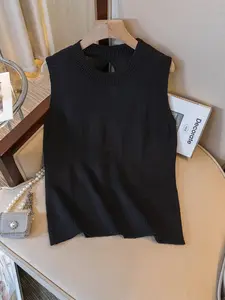 Elegant Round Neck Backless Lattice Tie Strap Sleeveless Women's Knit Vest, Daily Commute Versatile Fashion Apparel, Stylish Casual Wear