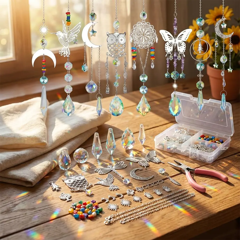460Pcs DIY Suncatchers Making Supplies Kit - Crystal Hanging Prism Rainbow Maker Utensils with Beads, Metal Parts, 9 Large Shapes, Sparkling Window Decor for Kitchen, Office & Birthday Gifts for Moms