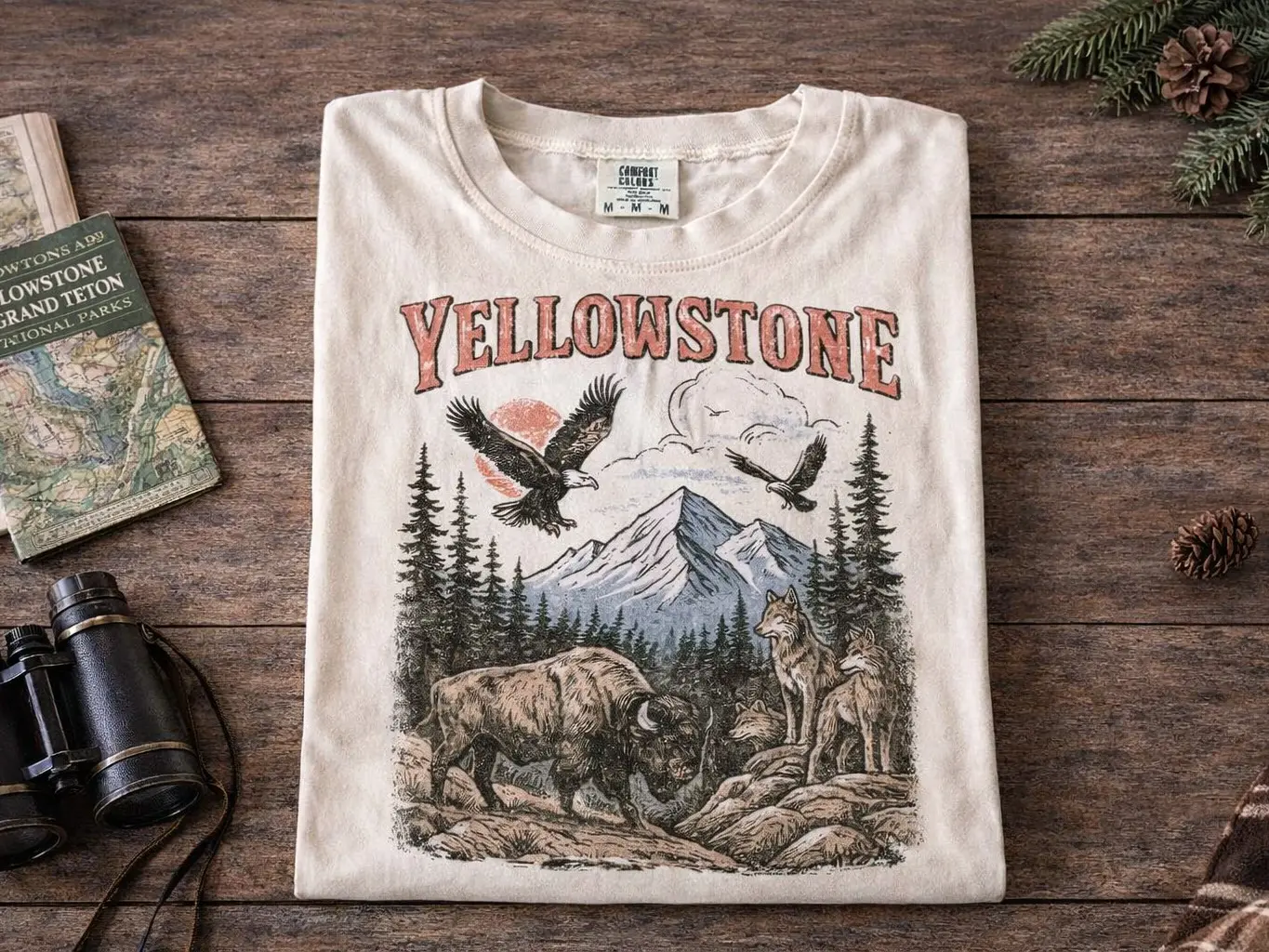 Comfort Colors Retro Yellowstone National Park Vintage 90s Style Tshirt, Wildlife Graphic Tee With Bison Wolves Eagles, 90s Hiking Nature T-Shirt
