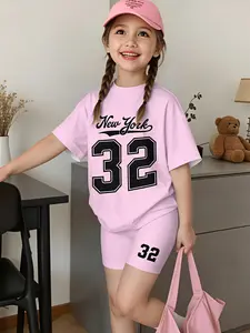 School Play Fashion Set for Girls Ages 2-10: New York No. 67 Printed Two-Piece Set, featuring a sporty T-shirt and matching shorts, with a vibrant preppy style,