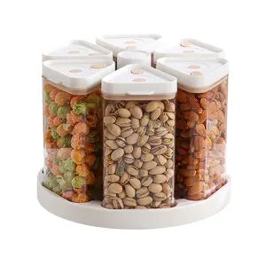 Rotating Rice Dispenser 6 Grid Cereal Dispenser for Pantry, 360° Rotating Grain Storage Container with Lids, Food Storage Canister Set for Rice, Oats, Flour & Cereal