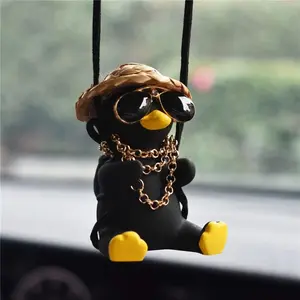 Swinging Duck Car Hanging Ornament with Sunglasses and Straw Hat, Rear View Mirror Decor