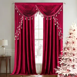 VOGOL Three-piece set of retro velvet curtains, gorgeous light-blocking curtains for Christmas, waterfall-style festive valances, suitable for bedrooms, living rooms and dining rooms, burgundy