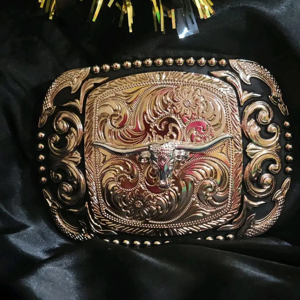 Longhorn Western Silver Rose Gold & Black Enamel Buckle 4.5x3.0" Rodeo Cowboy Design for Upto 2" Belts, High Quality Zinc Alloy