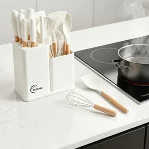 2026 Holiday BBQ Essential Kitchen Knife Set, 19-piece kitchen set including heat-resistant silicone cutlery, 6 sharp knives, 2 cutting boards, rectangular and round kitchen utensils, white wooden cutlery, kitchenware and wooden kitchenware. Block