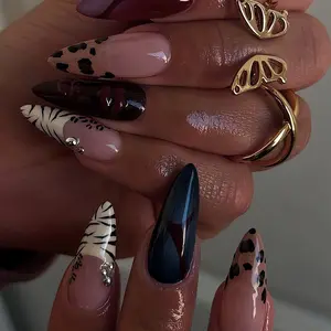 24 Pcs Animal Print Long Almond Nails, Leopard Zebra Wine Design, Glossy False Nails, DIY Nail Art, Reusable, Free Jelly Glue & Nail File