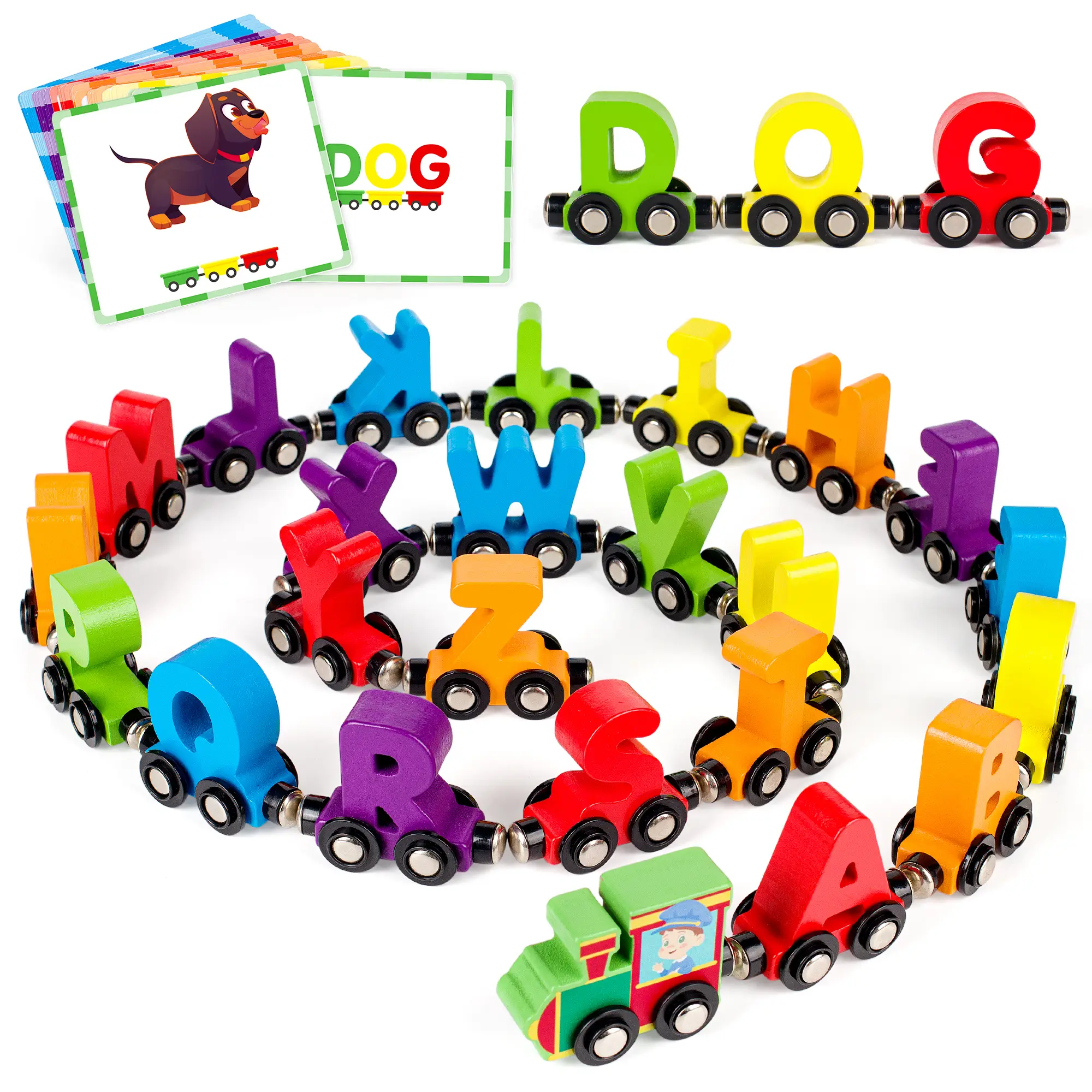 Vanmor 27 PCS Magnetic Wooden Alphabet Train Sets | ABC Letter Learning Toy Trains with 42 PCS Flash Cards, 1 Engine, 1 Storage Bag | Toddlers Kids Bo
