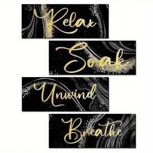 Black & Gold Marble Pattern Wall Decoration, Modern Home Decor, 4 Counts/set Relax Soak Unwind Breathe Artistic Wooden Wall Art, Wall Decor for Home Living Room Bedroom, Hanging Ornaments