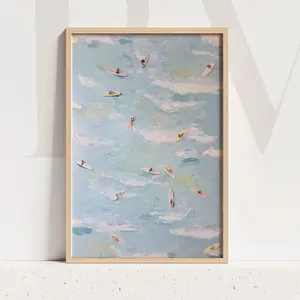 [No Frame] Aerial Surfers Art Print: Abstract Coastal Light Blue Ocean View With Mini Surfboards