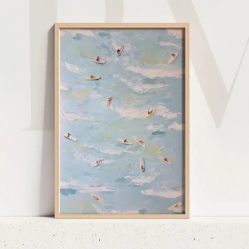 [No Frame] Aerial Surfers Art Print: Abstract Coastal Light Blue Ocean View With Mini Surfboards