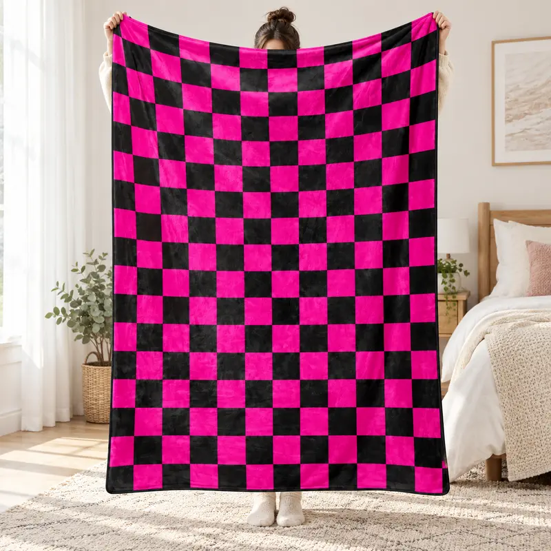 Hot Pink Black Checkered Flannel Blanket - Plush, Soft, Cozy Retro Y2K Checkerboard Throw, 90s Blankets, Multi-Size, Warmth, Ideal Birthday Gift for Teens, Home Relaxation Decor