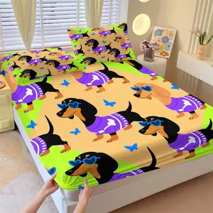 Cute Multicolor Dachshund Fitted Sheet Set, 1 Fitted Sheet + 2 Pillowcases - 3 Piece Soft Breathable Deep Pocket Bedding, Lime Green & Peach Background Wiener Dog with Heart Sunglasses & Blue Butterflies Bed Sheets for Kids Bedroom Decor, Full Size