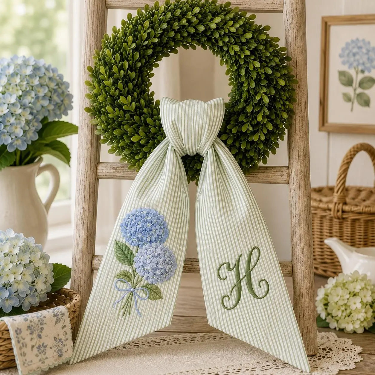 Personalized Hydrangea Wreath Sash, Custom Monogram Door Bow, Embroidered Front Door Ribbon, Spring Porch Decor, Housewarming Gift