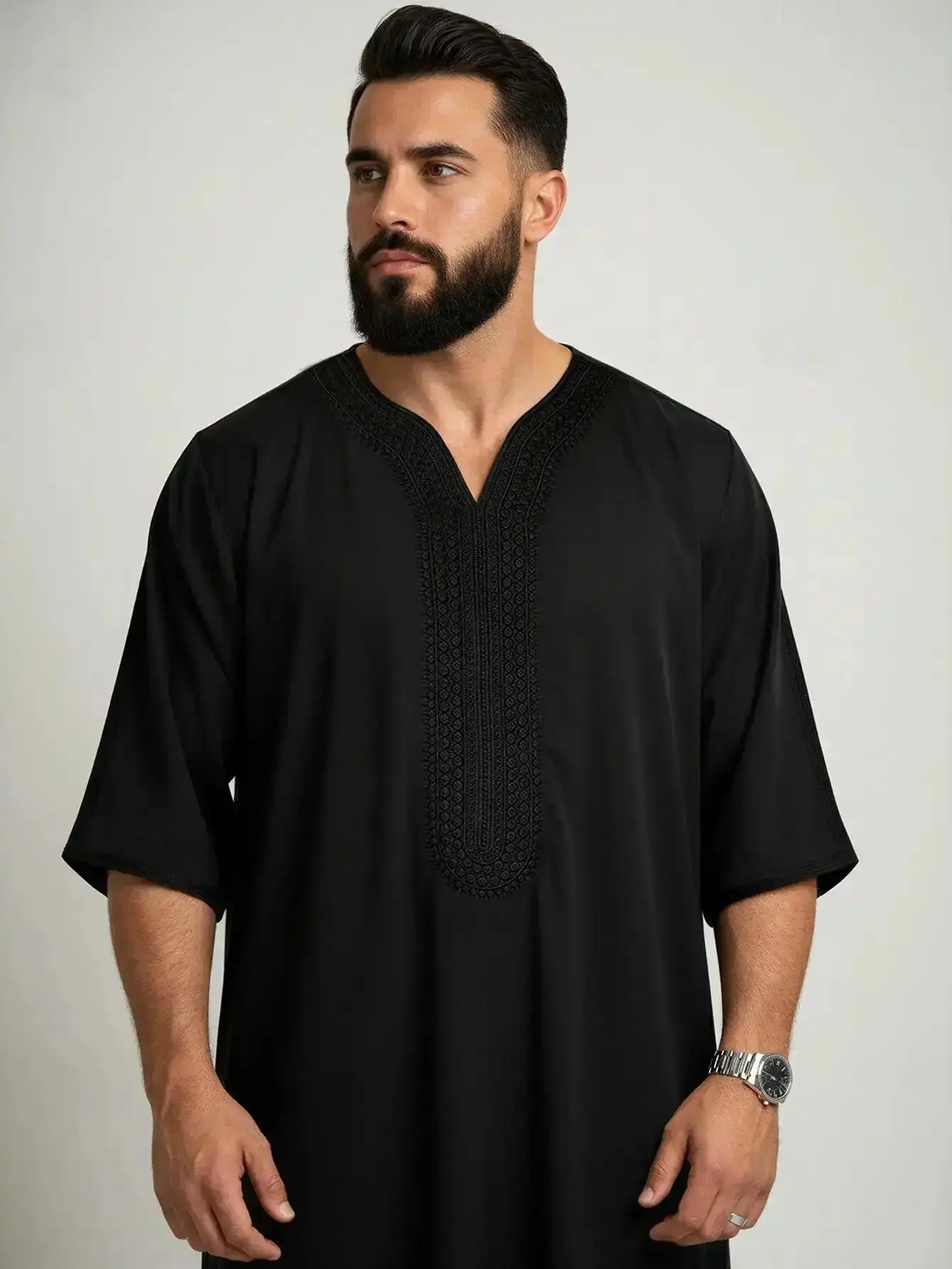 Men's Moroccan Thobe, Casual Embroidery Kaftan with Pocket, Traditional Muslim Robe for Eid &, Rich Black, BasicStaple, TrendyLook, MustHaveBasics, ClosetEssential, SmartCasual, SoftFabric