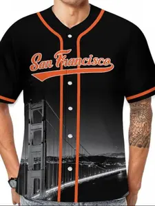 Men's San Francisco Baseball Jersey with Accents, Handwritten San Francisco & Golden Gate Bridge Print, Breathable Polyester, Stylish Jersey