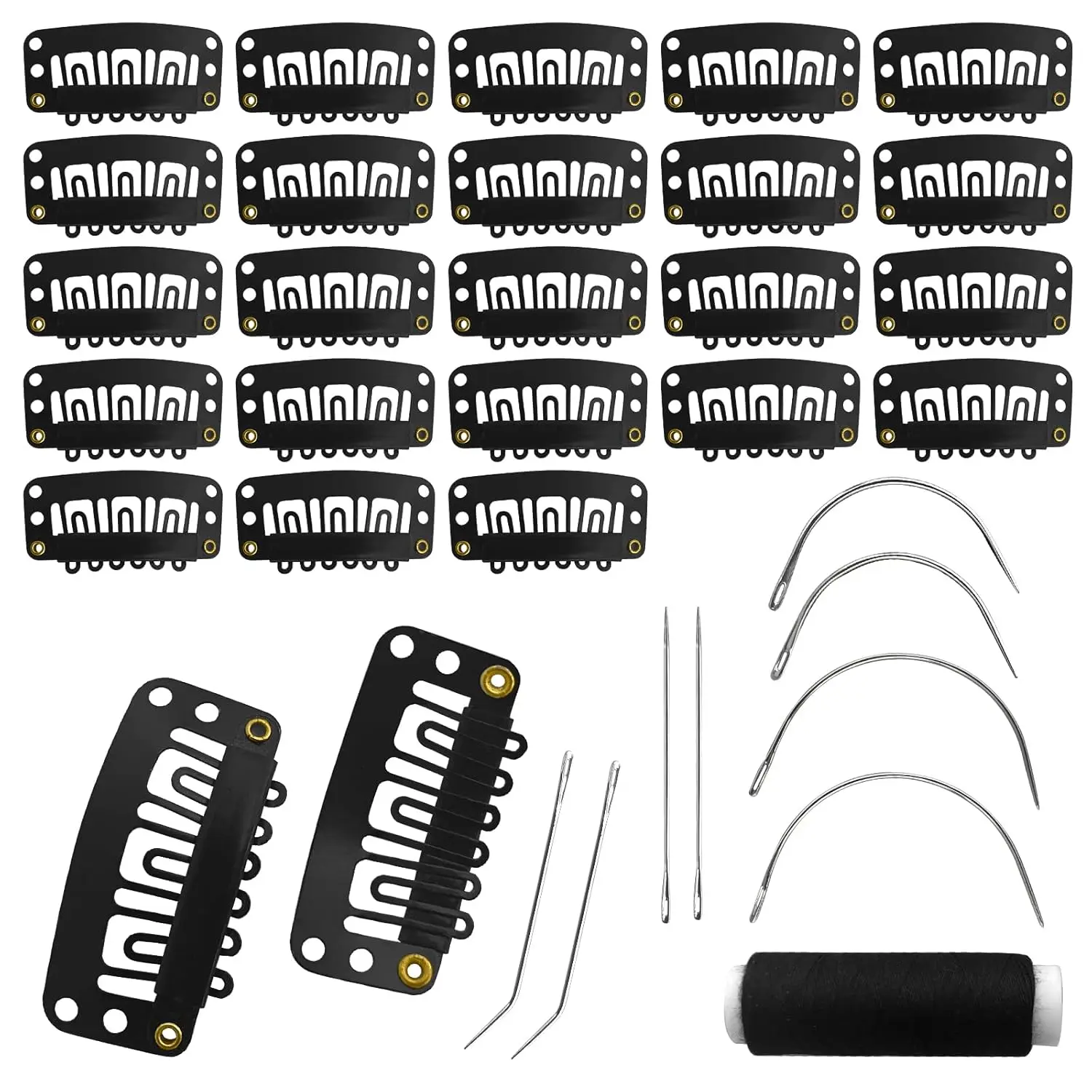 25 count 32mm Hairpieces Snap Clips U Shape Wig Clips for Hair Extensions Making Wig Accessories Set Tools (Black)