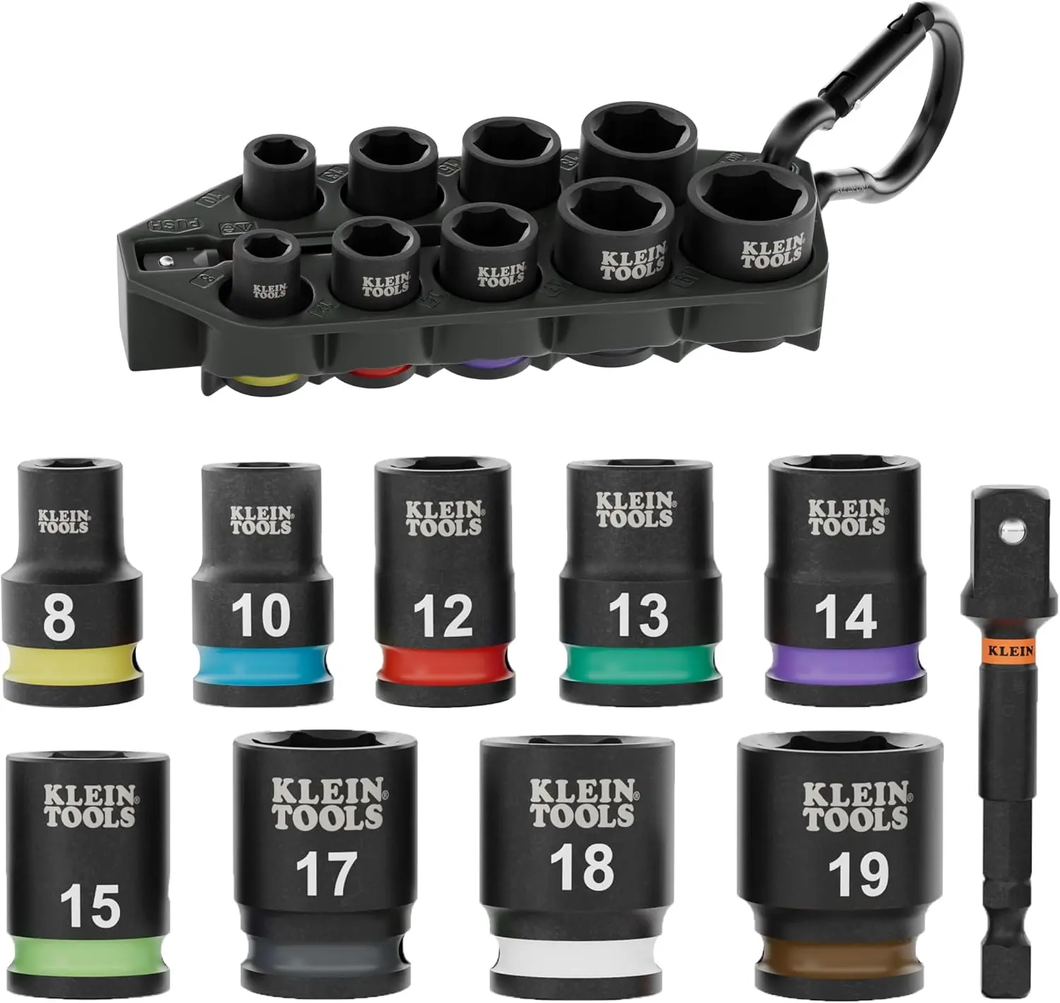 Klein Tools 33809M Grab-And-Go Impact Socket Set, Metric, 10-Piece Set with Sleeve, Carabiner, 3/8-Inch Drive, Color-Coded 8 mm, 10 mm, 12 mm, 13 mm, 14 mm, 15 mm, 17 mm, 18 mm, 19 mm Sockets