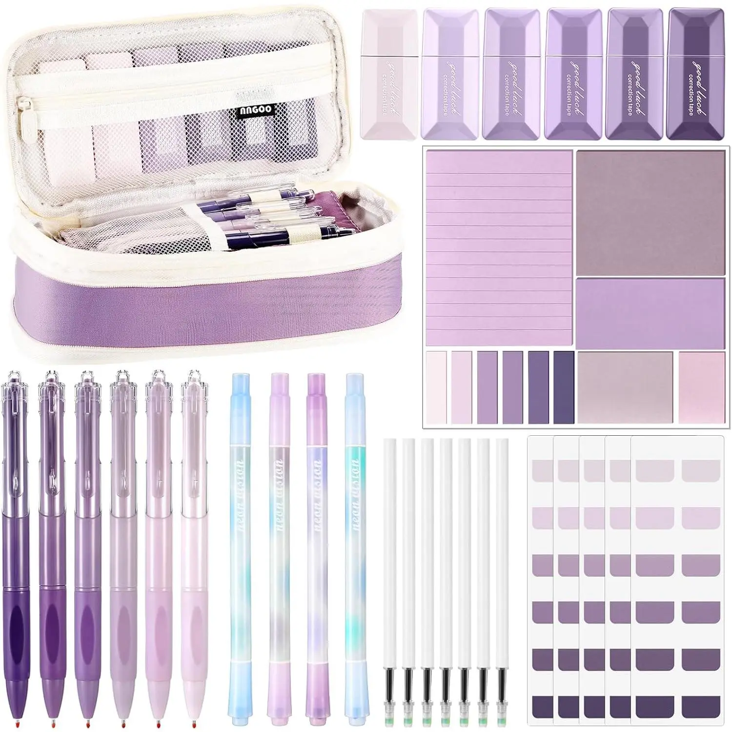 38 count Aesthetic College School Supplies with Pen Case Sticky Notes Gel Pens Highlighters Correction Tapes  to School Stationery Kit( Color,Classic)