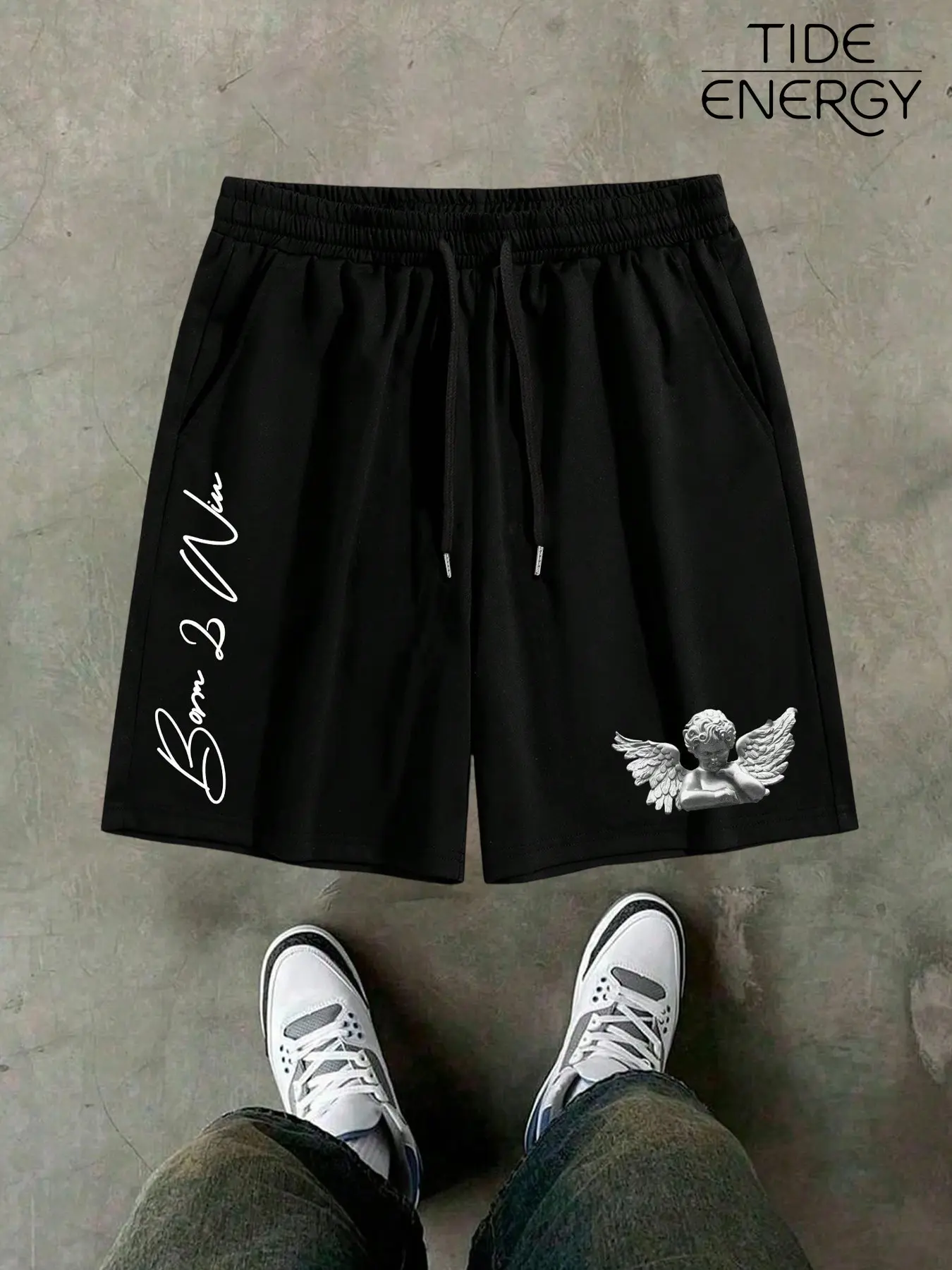 Born 2 Win Angel Print Men's Shorts,  Breathable Loose Fit 5-Inch Streetwear Shorts, One Wear Multi-Style for Gym/Streetwear/Everyday Summer Outfits, Gothic Cherub Graphic Casual Drawstring Shorts with Pockets, Comfy Breathable Shorts