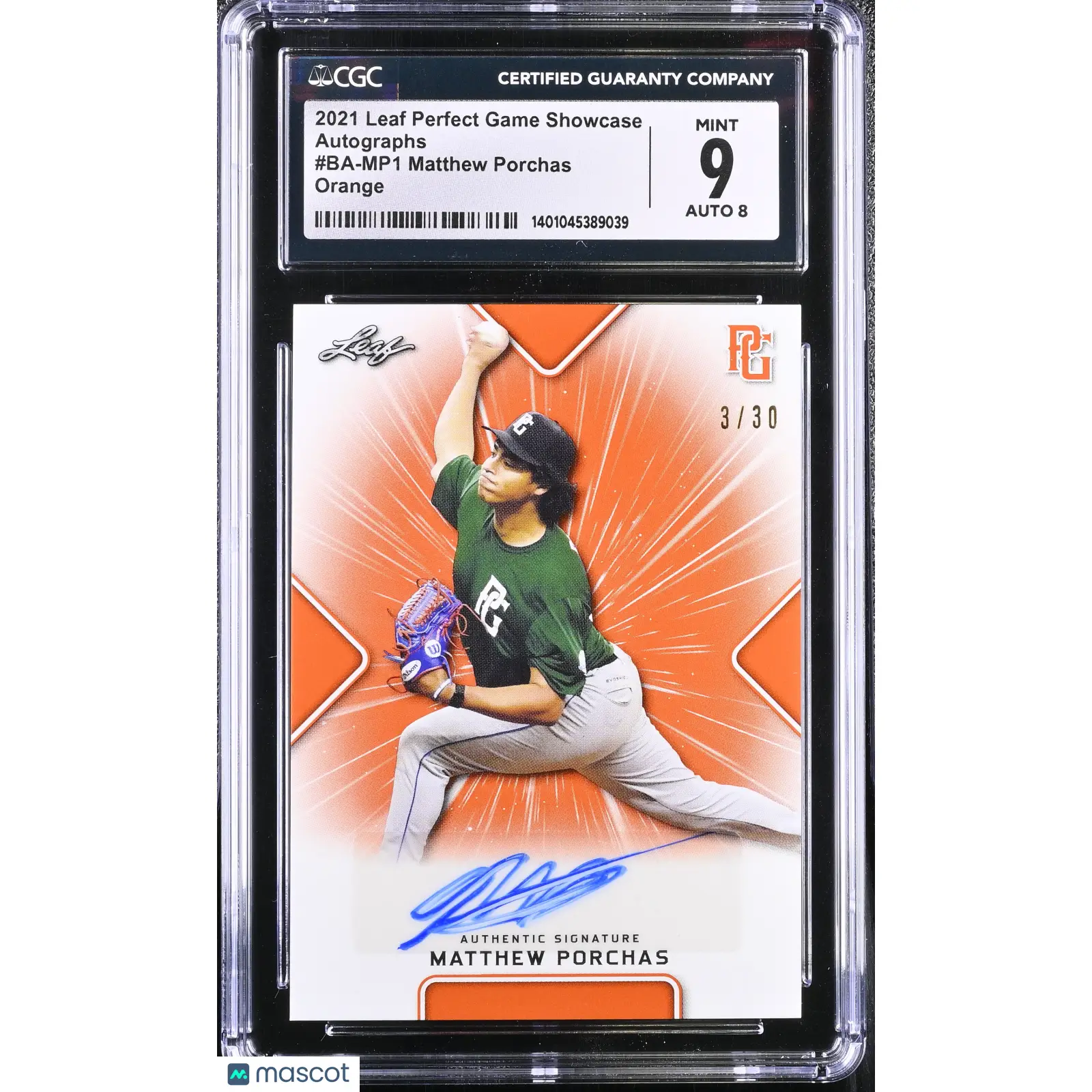 Matthew Porchas CGC 2021 Perfect Game Showcase #BA MP1 Orange 3/30 Baseball 9