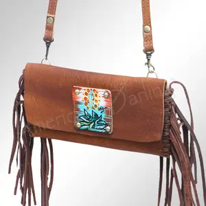 American Darling Small Cross body Bag, Hand Painted Western Leather with Fringes, Genuine Full Grain Leather, 21in X 11in X 5in