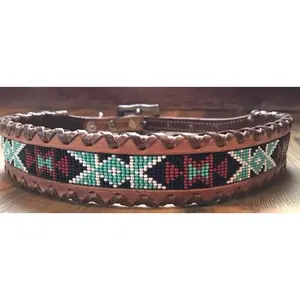 Genuine leather dog collar with teal, white, and black southwest beaded inlay design, a leather wrapped edge