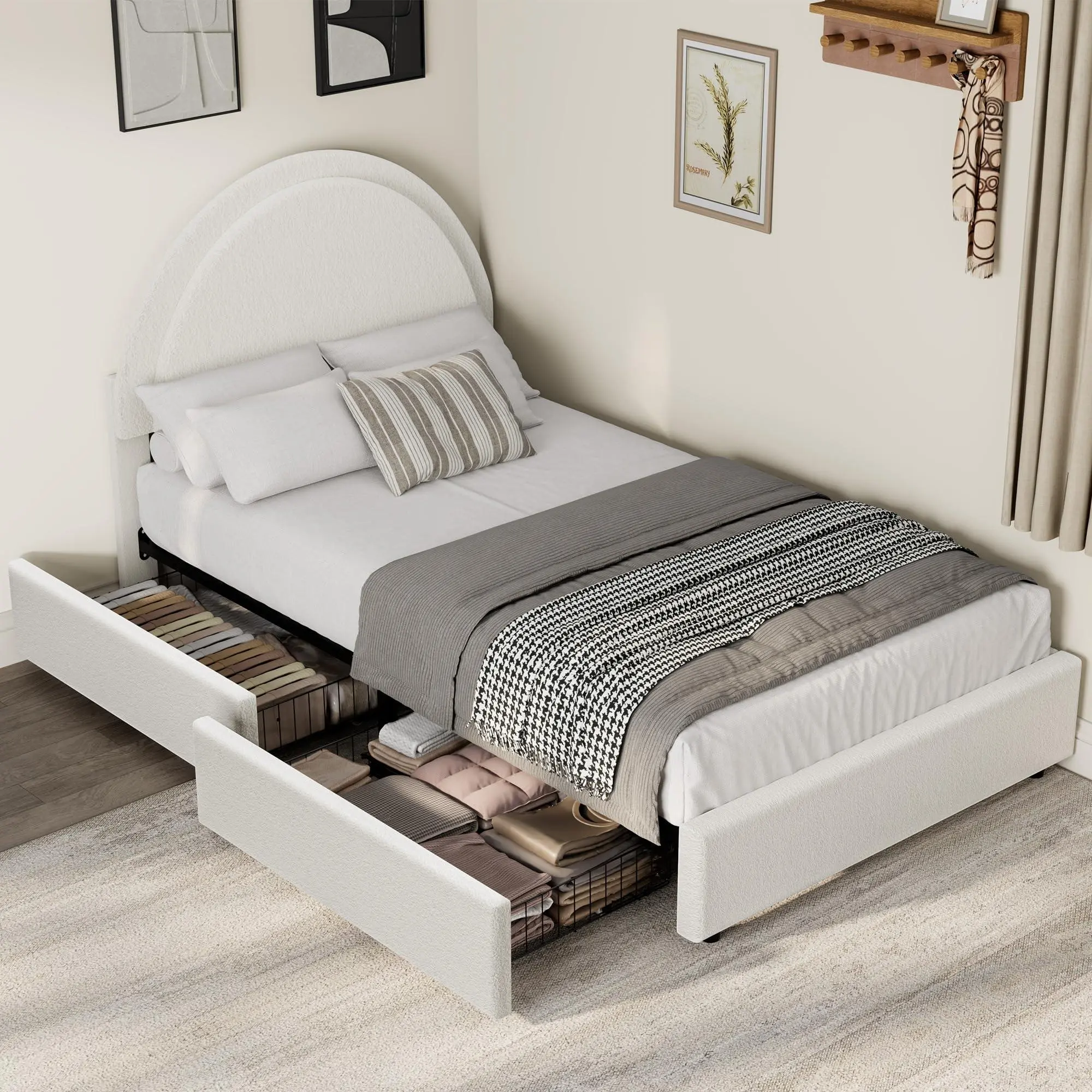 White Twin Size Luxurious Boucle Fabric Storage Bed Frame with Round Headboard, Smooth Silent Cloud-Like Feel, Stable Sturdy Mattress Support, Tool-Free Compartmentalized Storage Drawers, Heavy Duty, No Box Spring Needed, Assembly Required, Modern Design,