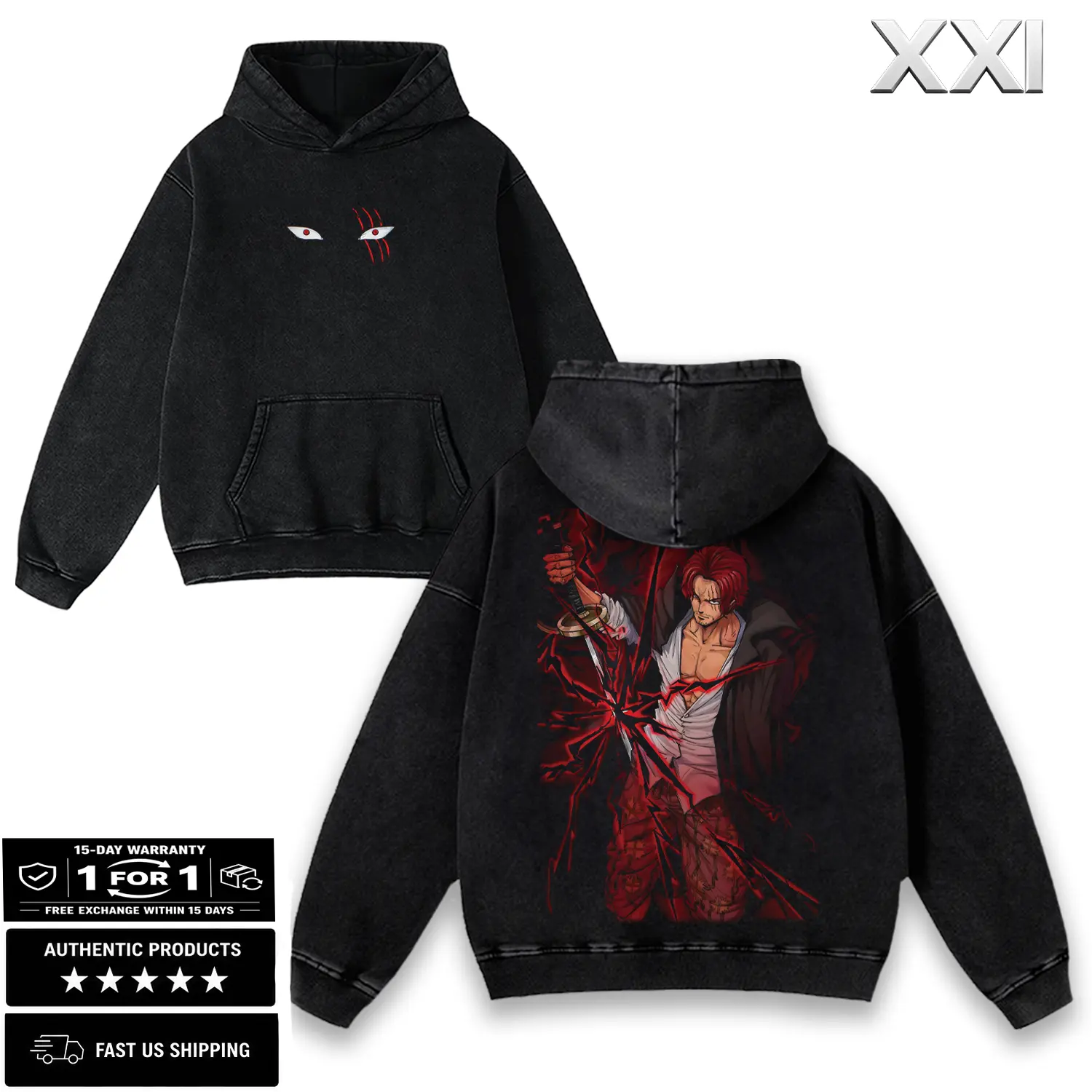 Men's 1 Piece Red Hair Shanks Inspired Washed Oversized T-Shirt, 230GSM Cotton Vintage Streetwear Graphic Tee, Haki Power Pirate Loose-Fit Fashion Top for Women