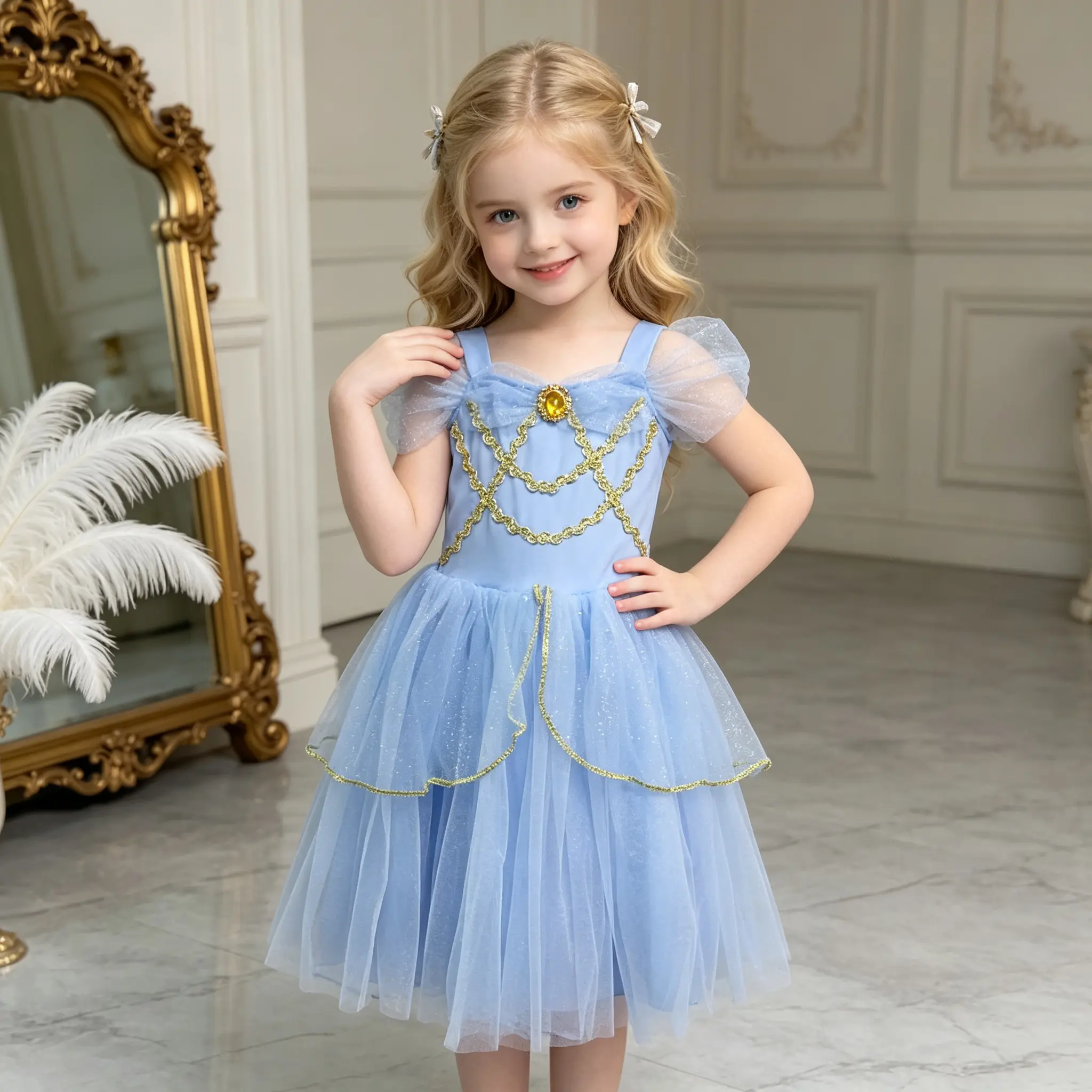 Girls Cinderella Blue Princess Dress Gem Bow Gold Chain Embroidery Kids Tulle Costume Birthday Halloween Cosplay Outfit