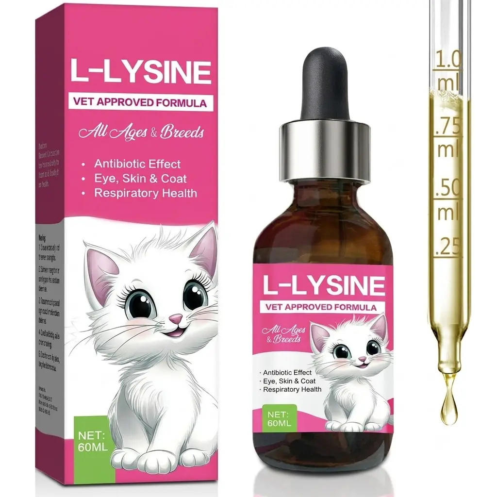 Cat L-Lysine Easy Liquid Drops Supplement - Vet-Approved 60ml Herbal Blend with Precise Dosage, Immune Booster, Fur & Skin Care, Respiratory Health Aid, Sneezing Calm, Tear Stain Reduction, Eye Care Support - Suitable for All Ages & Breeds Cats, Calms Sne