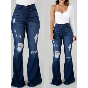 Women’s flared pants with a high waist and slim fit; classic flared pants with high elasticity; jeans with denim comfort; basic streetwear; minimalist design; blue women’s underwear; fitted yet casual style. GARMENTARY