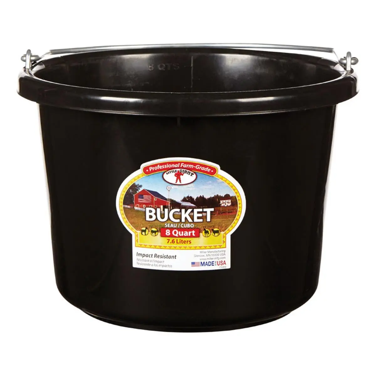 Little Giant 8 qt. Round Black Durable Impact Res. Plastic Handle Bucket - Low Wide Profile, 1-Piece Construction, 11½” Diameter, 8.5” Height, 1.1 lbs, Home Supplies Buckets with Handles, Handle Buckets