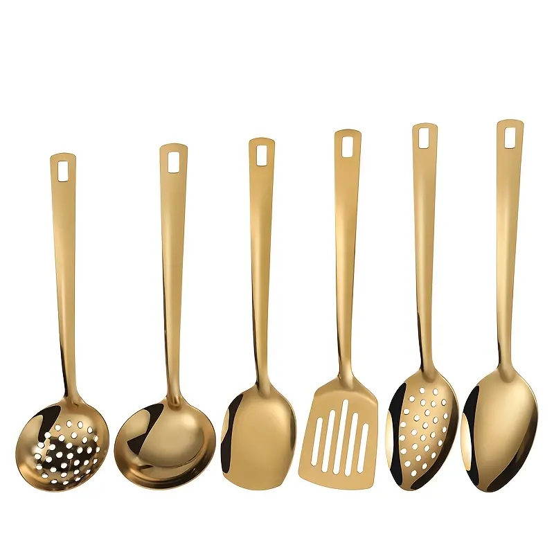 Gold Stainless Steel 6-Piece Buffet Serving Set - Metal Utensils Including Cooking Spoons, Soup Ladle, Slotted Spatula - Essential Kitchenware for Party Hosting, Buffet Catering, Kitchen Ware Products