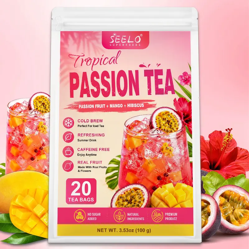 Tropical Hibiscus Fruit Tea Blend, Passion Fruit Mango Herbal Tea, Caffeine Free Refreshing Iced Tea, Natural Fruit Infusion