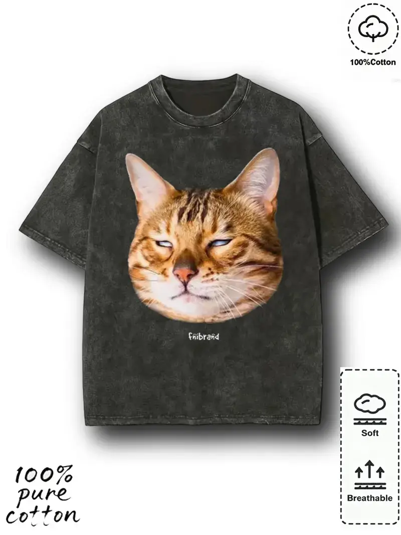 Retro washed couple T-shirt | Cat print round neck short sleeved regular style cute retro style fantastic
