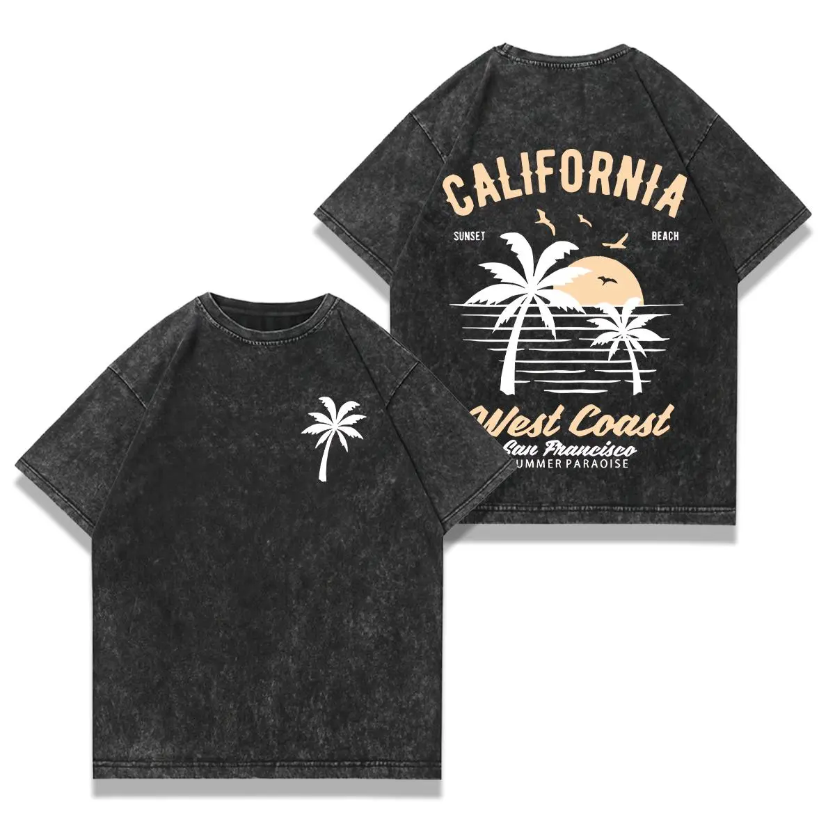 Men's Unisex 230g Washed Cotton Tshirt - Round Neck, Short-Sleeve, Vintage California Palm Trees & Surfboard Double-Sided Retro Print, Loose-Fit Summer Casual Beachwear, Machine-Washable Father's Day Gift, Shortsleeve, Graphic Tee, Streetwear, Everyday, R