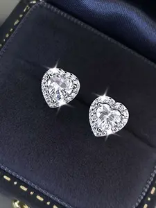 1 Pair of Earrings,  Pure Silvery Low Allergy Cubic Zirconia, Shiny Love Synthetic Zirconia Combined with Cubic Zirconia Earrings, Stud Earrings Jewelry, Elegant and Chic Small to Medium High-End Versatile Earrings