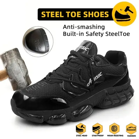 ARISIC Men's Striped Safety Steel Toe Work Shoes - Lightweight Unisex Laced Casual Trainers, Composite Toe, Puncture/Slip Resistant, Breathable, Rubber Sole, All Seasons, Quality Materials, Work Protective Footwear, Father's Day Gifts