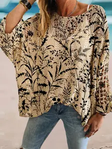 Spring Summer Round Neck Hollow Out Batwing Sleeve Top, Leaf Print Boho Style, Beach Vacation Casual Layered Outer Vest