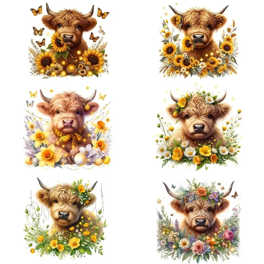 Highland Cow Sunflower Pattern Iron-on Heat Transfer Vinyl Decals, 6 Counts/set Craft Embellishments DIY Washable T-shirt Patches for Clothing Decoration, DIY Decorations, DIY Products