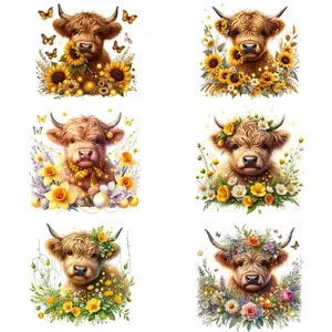 Highland Cow Sunflower Pattern Iron-on Heat Transfer Vinyl Decals, 6 Counts/set Craft DIY Washable T-shirt Patches for Clothing Decoration