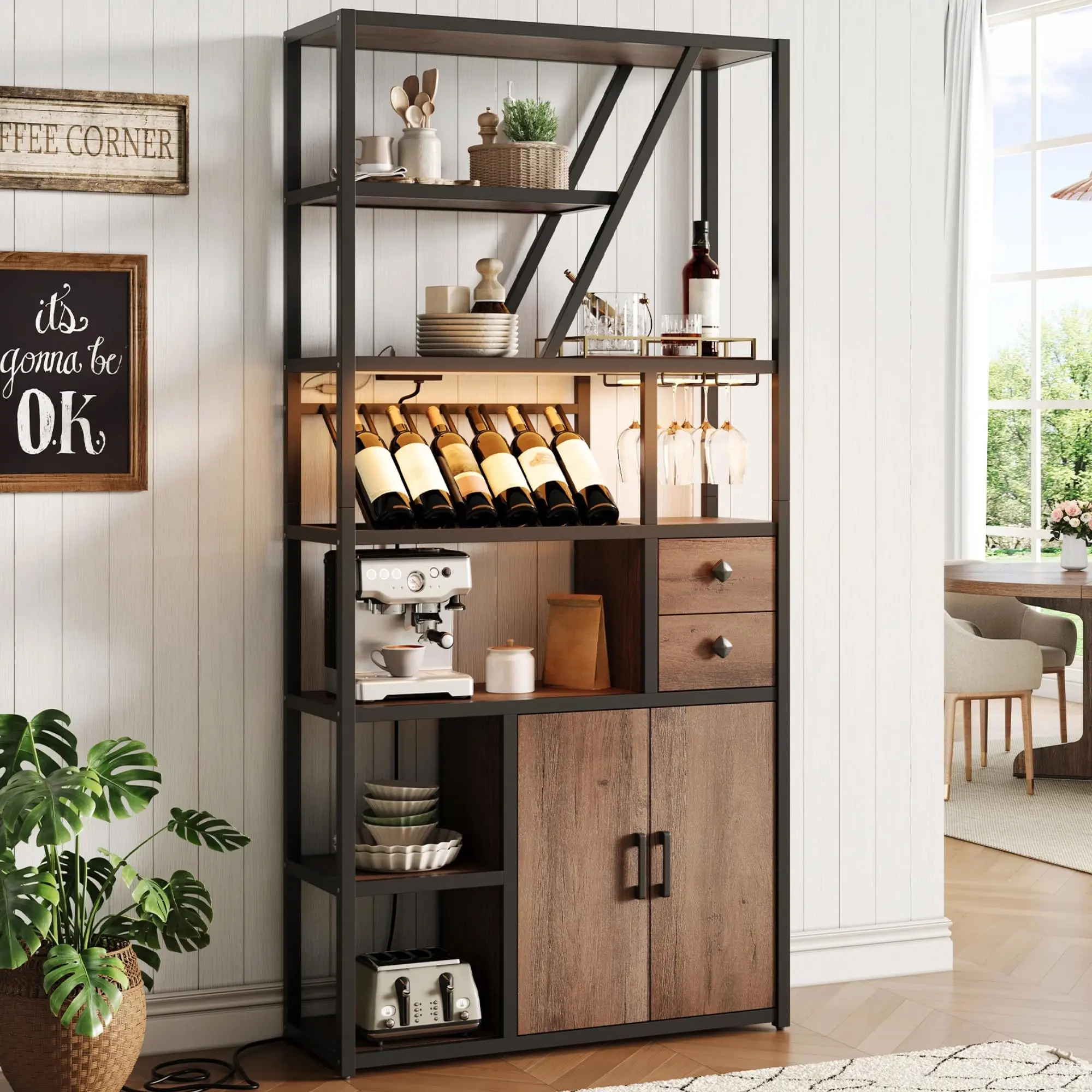 Garvee Multi-Functional Wine Bar Cabinet with LED Lights, Power Outlets, Wine Rack, Glass Holder, Tall Coffee Bar Station, Kitchen Microwave Stand, and Stylish Storage Sideboard for Living Room