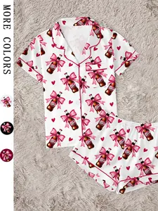 Women's Dr Pepper Valentine's Day Sleepwear Set, Cute Butterfly Design, Short Sleeve Lapel Button Top & Shorts, Casual Home Wear