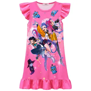 Summer Girls Flame Retardant Nightdress Korean Idol K-POP Three Sisters Print Childlike Skirt Home Casual Pajamas Dress Fashionable Trendy Nightwear