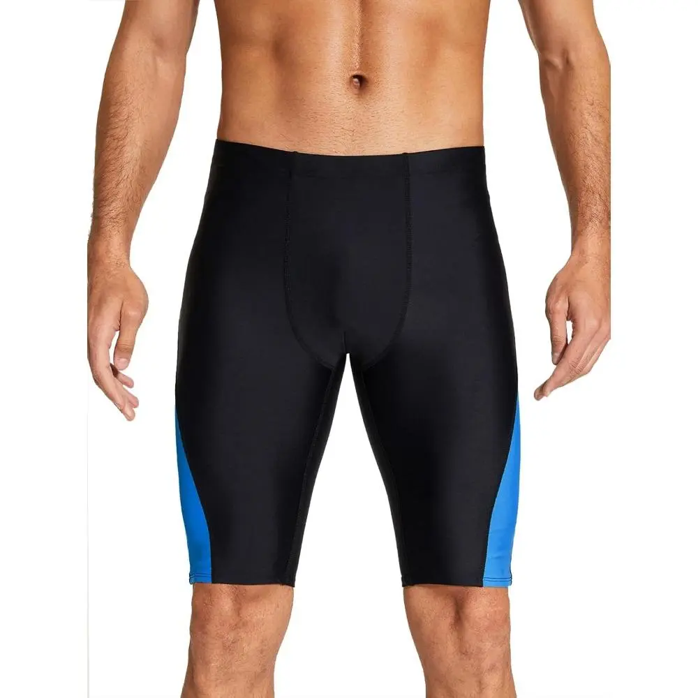 Male Long-Fitted Swim Jammers, Sporty Chic Solid Athletic Swimsuit with Interior Drawcord for Competition and Lap Swimming, Drawstring, Training