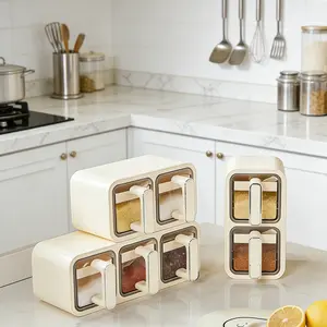 Kitchen Spice Box Salt Flavor Seasoning Jar, Spices with Spoon Storage Box, Horizontal Vertical Dual Use Wall Mount Sealed Set