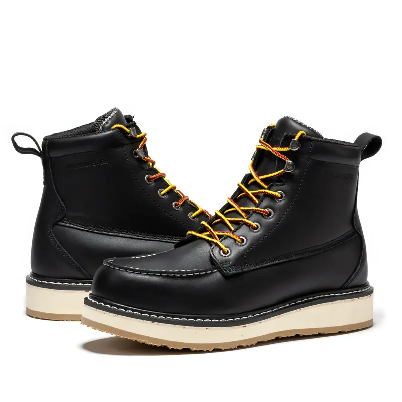 ROCKROOSTER Black Steel Toe Work Boots for Men - Closed Moc Toe, Slip-Resistant Rubber Outsole, ASTM Safety Certified, CoolMAX & Full Grain Leather