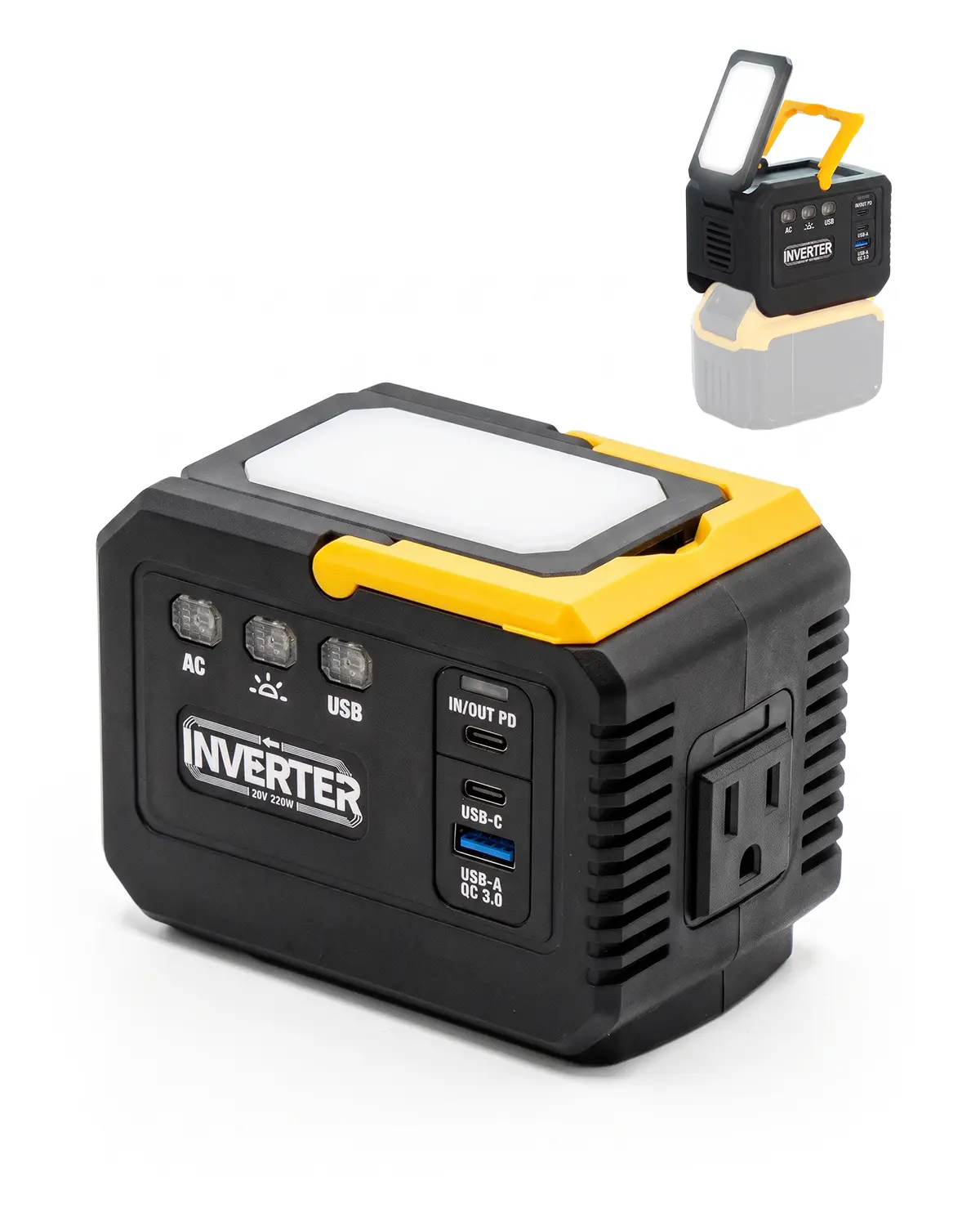 220W Power Inverter for Dewalt 20V Battery,  Battery Inverter DC 20V to AC 110V-120V, Portable Safety Phone Charger USB Charger Adapter Power Adapter with 1 USB Port & 2 Type-C & 1 AC Outlet, for Outdoor (No Battery)